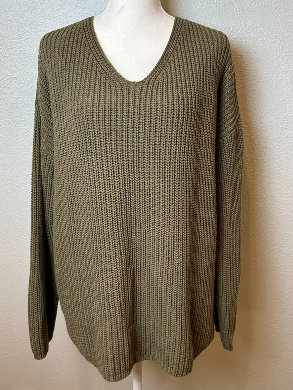 Jenni Kayne Cotton Cabin V-Neck Sweater - Olive Green Size M chunky knit cozy